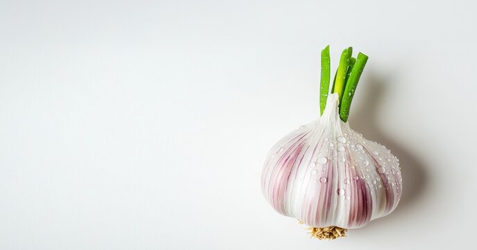 Fresh garlic with water droplets concept. Fresh garlic bulb with green shoots on a light background.