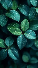 Obraz premium Lush Green Leaves with Water Droplets on Dark Background
