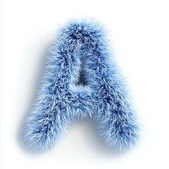 A 3D fluffy letter A in deep blue with a fine, soft fur texture, resembling snowflakes, with individual strands visible, set against a clean white background