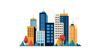 Obraz premium Modern City Skyline Illustration with Colorful Buildings and Trees