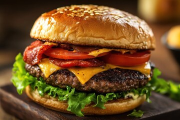 Close-up of a Juicy Burger with Lettuce, Tomato, and Bacon on a Wooden Board, Offering an Appetizing Food Experience