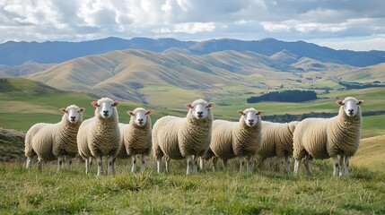 Obraz premium Group of Sheep Grazing on Green Pasture with Mountain Views Background