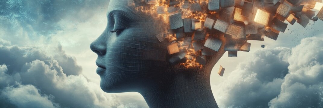Mind exploding blocks with fire amidst clouds