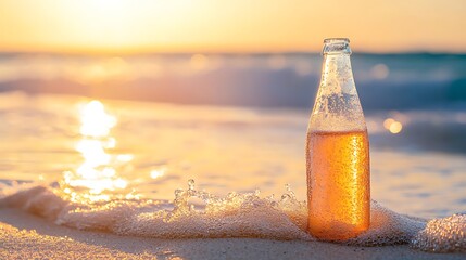 A cool pear soda in a glass bottle half submerged in soft beach sand