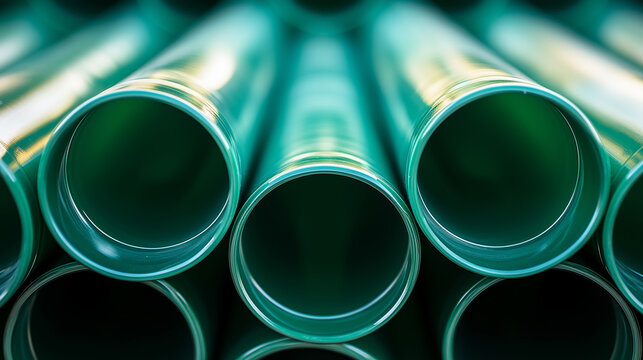 Green transparent tubes arranged in a parallel fashion, showcasing depth and light reflection in an industrial setting Generative AI