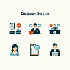 Fototapeta premium A set of 6 bright, vector elements representing customer service and office work