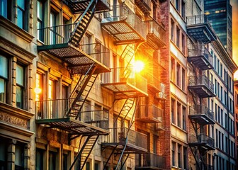 Fototapeta premium Golden Hour Urban Fire Escape: Vibrant Cityscape Stock Photo