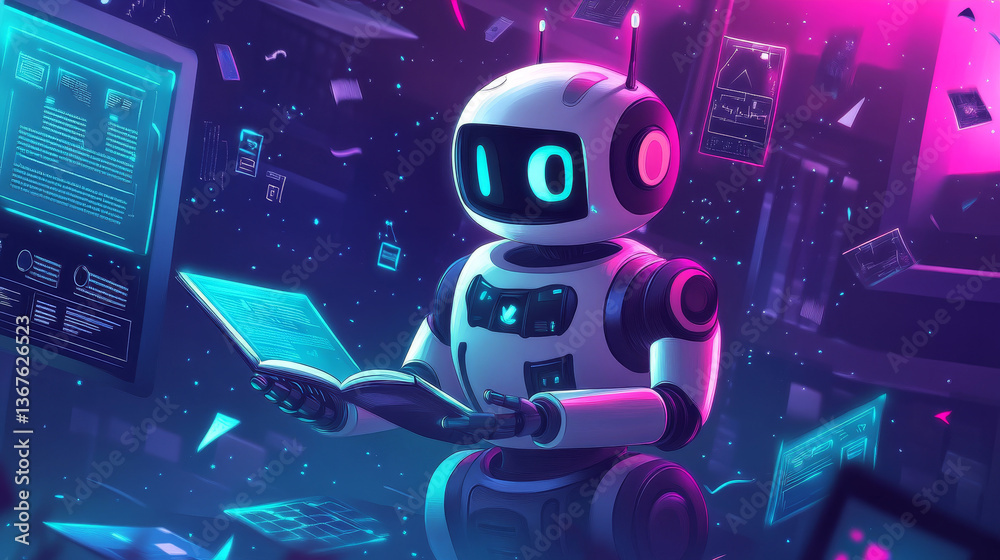 Poster isometric robot learning or solving problems concept. artificial intelligence business vector illust