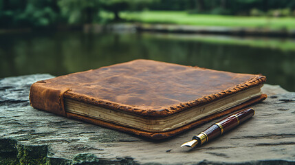 An old vintage leather-bound book resting on a wooden table, symbolizing knowledge, history, and wisdom