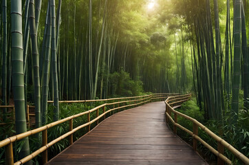 Fototapeta premium Tranquil Bamboo Forest Path, A Calming Nature Scene with Wooden Walkway and Sunlight Filtering Through the Green Canopy Creating a Serene Atmosphere