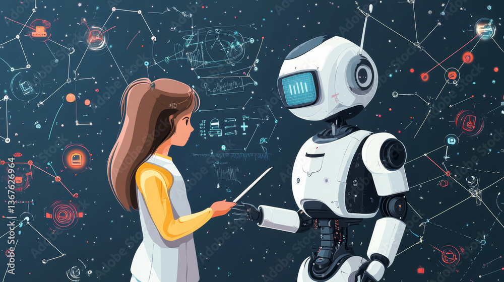 Poster isometric robot learning or solving problems concept. artificial intelligence business vector illust