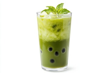 Refreshing green drink with tapioca pearls and mint leaves in a tall glass filled with ice isolated on transparent background