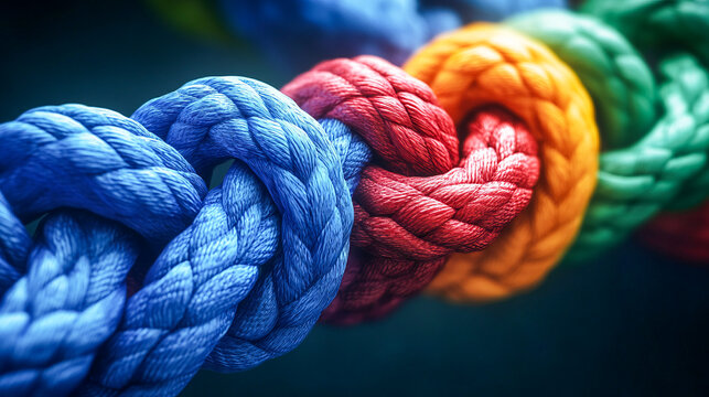 A group of colorful ropes coming together to form a direction arrow. Teamwork concept