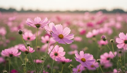 Fototapeta premium Cosmos flowers blooming in a sunny field. Captivating beauty of nature in vibrant colors, featuring tranquility and harmony.