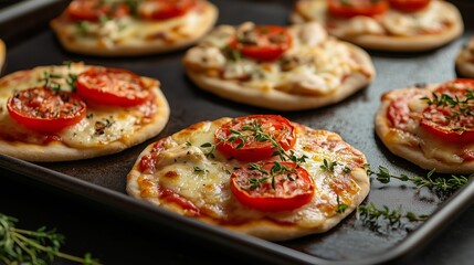 Delicious mini pizzas topped with fresh tomatoes, melted cheese, and herbs on a baking tray, ready to enjoy.