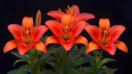Fototapeta premium Vibrant Orange Lilies Closeup Bouquet Black Background