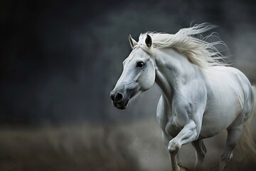 Obraz premium Powerful white horse running through a field with its mane flowing in the wind