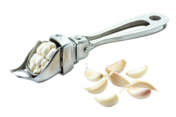 A stainless steel garlic press rests beside fresh garlic cloves on a bright white background isolated on transparent background