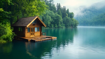 Fototapeta premium A small floating house on a serene lake with wooden steps leading to the water