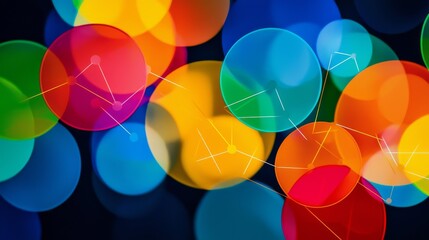 A dark background features abstract glowing icons representing social media chats, embodying concepts of communication, social networks, conversations, technology, and digital realms