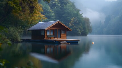 Fototapeta premium A small floating house on a serene lake with wooden steps leading to the water