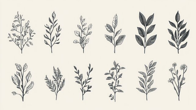 Collection of detailed botanical sketches of leafy branches and small flowers.