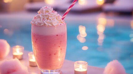 A cotton candy milkshake with whipped cream near a pool lit by tealight candles