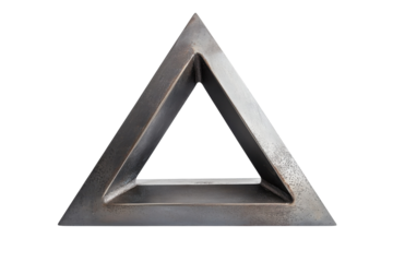 Abstract triangular sculpture crafted from metal displayed on a minimalistic white background isolated on transparent background