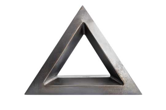 Abstract triangular sculpture crafted from metal displayed on a minimalistic white background isolated on transparent background