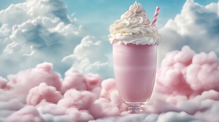 A cotton candy milkshake with whipped cream in a floating island