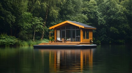 Obraz premium A small floating house on a serene lake with wooden steps leading to the water