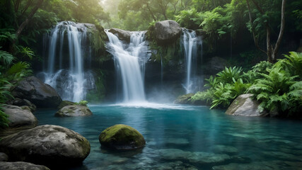 Fototapeta premium Tranquil Waterfall Scenery, A Blank Mockup Design Showcasing the Lush Beauty of a Waterfall Surrounded by Green Foliage and Serene Waters