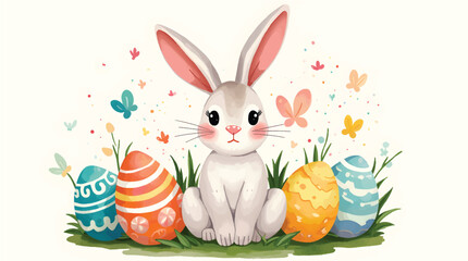 Happy easter,  egg shell, eggs, and spring flowers. Spring pastel colors illustration, watercolor Easter bunny with colorful eggs and flowers