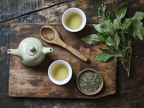 A branding concept for a boutique herbal tea shop featuring custom leaf graphics,