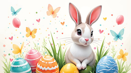 Happy easter,  egg shell, eggs, and spring flowers. Spring pastel colors illustration, watercolor Easter bunny with colorful eggs and flowers