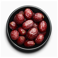 Obraz premium Bowl of Fresh Dates Isolated on Transparent Background, Red Brown Color, Overhead View, Tasty, Sweet, Juicy, Healthy food, PNG Format