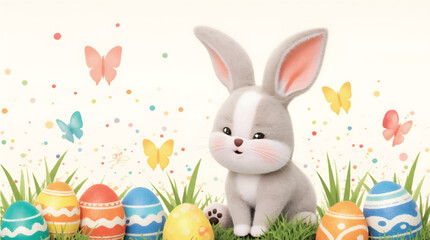 Happy easter,  egg shell, eggs, and spring flowers. Spring pastel colors illustration, watercolor Easter bunny with colorful eggs and flowers