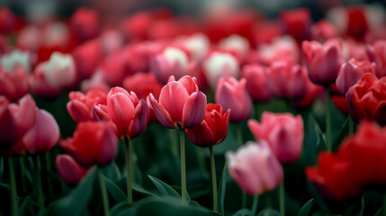 Beautiful red tulips flowers field blooming in spring season garden floral nature wallpaper background 