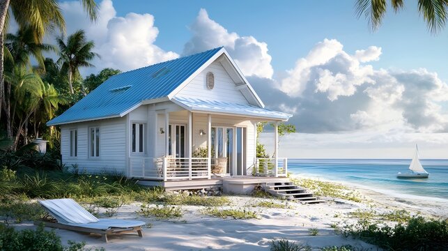 A dreamy beachside cottage with white walls and a blue roof