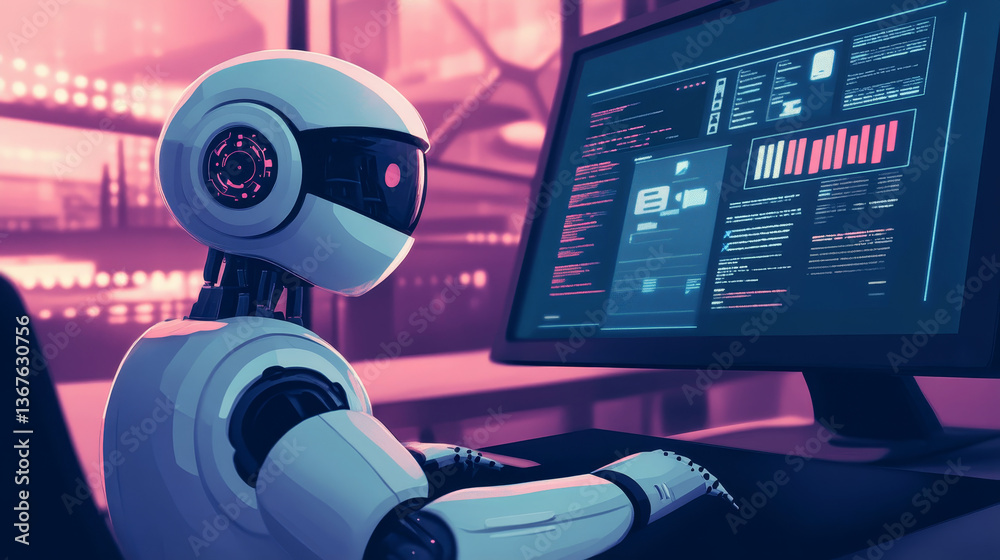 Poster isometric robots man with artificial intelligence working with a virtual interface in chatbot emails