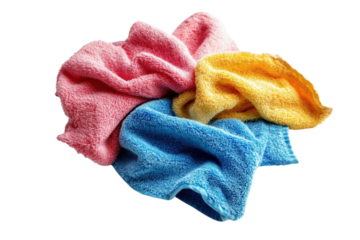 Colorful cleaning cloths arranged playfully on a bright surface in a well-lit space isolated on transparent background