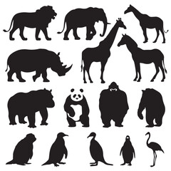  African animals silhouettes set. Giraffe, elephant, antelope, hippopotamus, rhinoceros, camel, ostrich, crocodile, flamingo, cockatoo, baboon, gorilla, lion. Vector illustration.