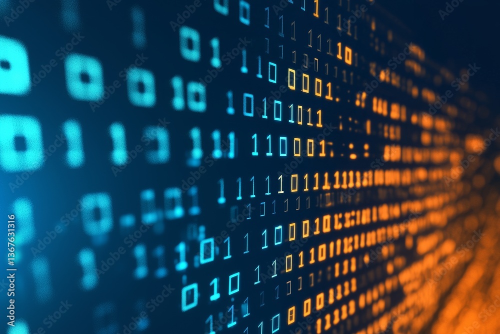 Poster Abstract binary code is visualized in blue and orange, signifying the importance of data protection and cybersecurity in the digital realm