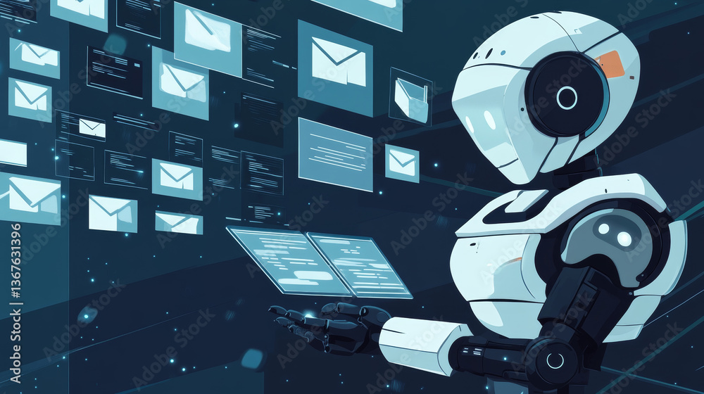 Poster isometric robots man with artificial intelligence working with a virtual interface in chatbot emails