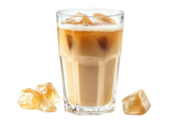 Delightful iced coffee with ice cubes served in a clear glass on a bright background isolated on transparent background