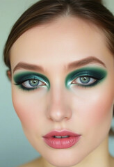 Fototapeta premium A detailed portrait showcasing a woman's vibrant green smokey eye makeup paired with natural glossed lips and glowing skin under soft lighting. Beauty and makeup artistry elements displayed in strikin