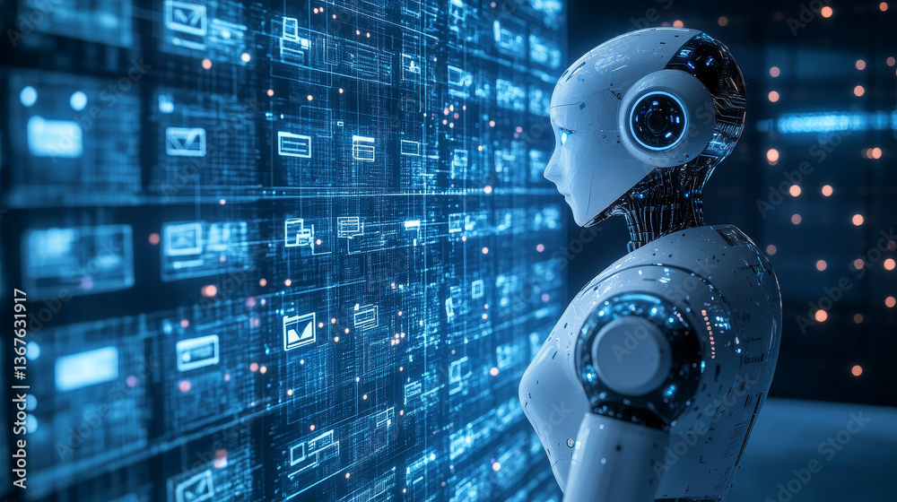 Poster isometric robots man with artificial intelligence working with a virtual interface in chatbot emails