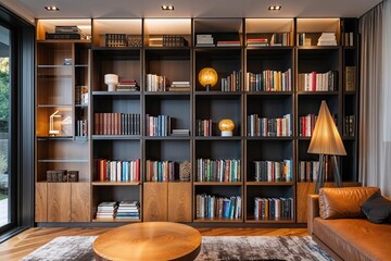 Stylish Modern Bookcase Displaying Books in Contemporary Home Interior