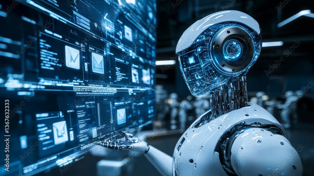 Poster isometric robots man with artificial intelligence working with a virtual interface in chatbot emails