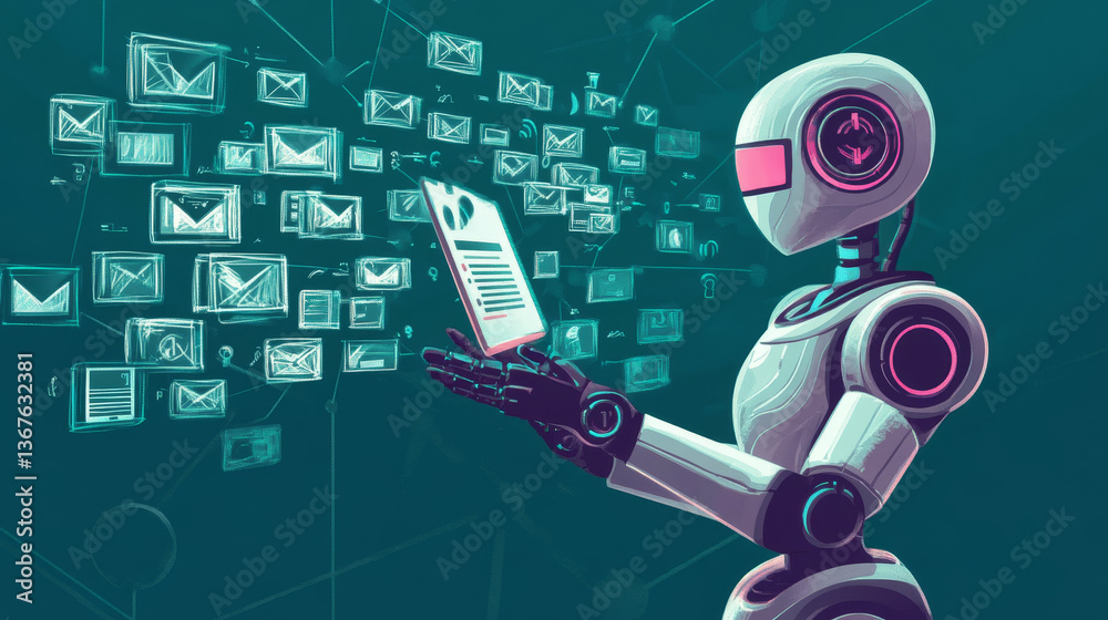 Poster isometric robots man with artificial intelligence working with a virtual interface in chatbot emails